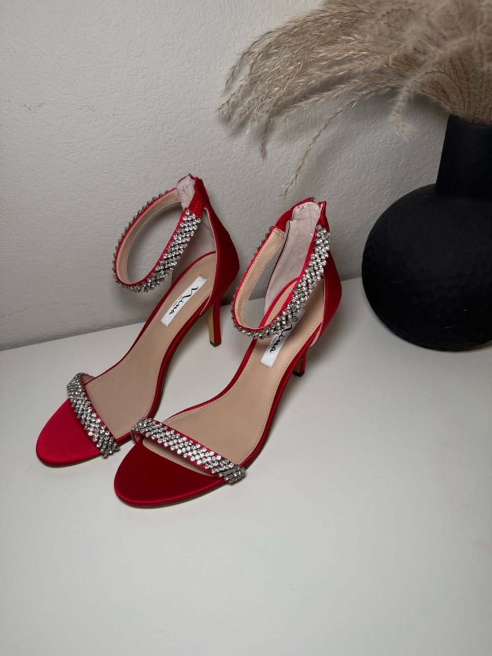 NWT Nina Red Crystal-Embellished Ankle Strap Heels